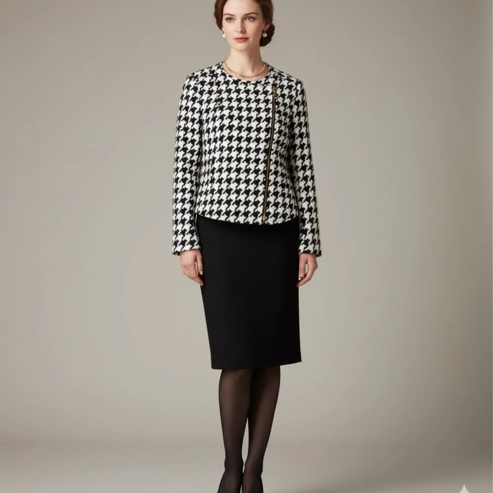 Q Mack Herringbone Blazer Black & White Jacket Asymmetrical Gold Zip Size M - Picture 2 of 14